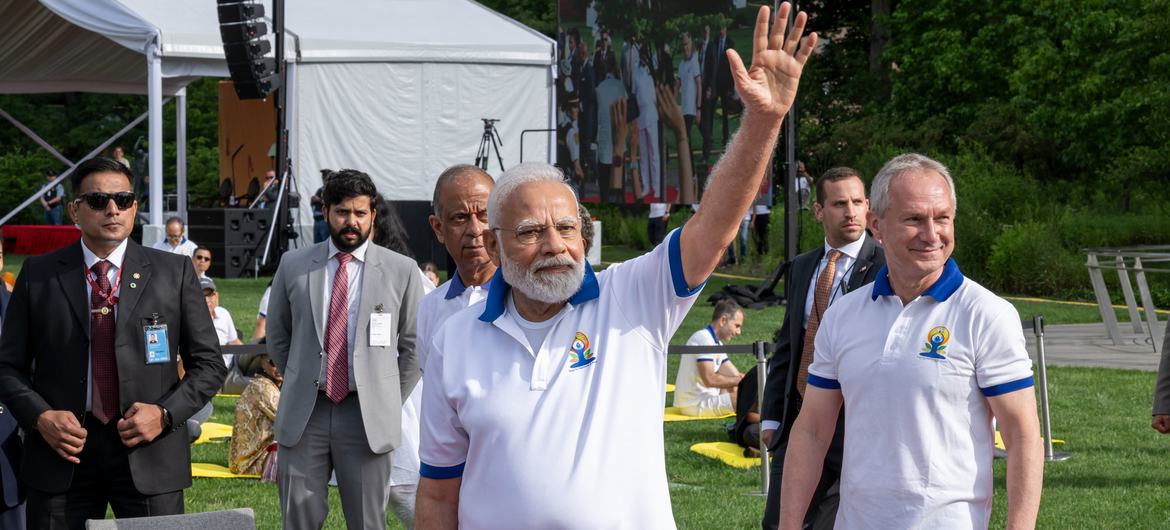 The Prime Minister of India, Narendra Modi, joins the 9th International Day of Yoga celebrated at United Nations Headquarters in New York.
