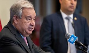 Secretary-General António Guterres speaking at the press stakeout.