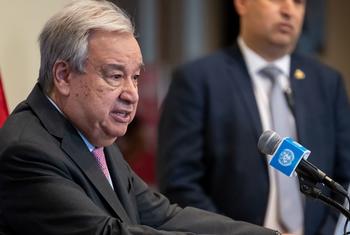 Secretary-General António Guterres speaking at the press stakeout.
