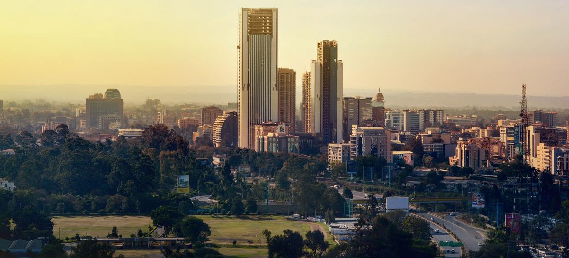 The city skyline of Nairobi, Kenya.