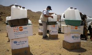 Rations are prepared for distribution to displaced people in Marib, Yemen.