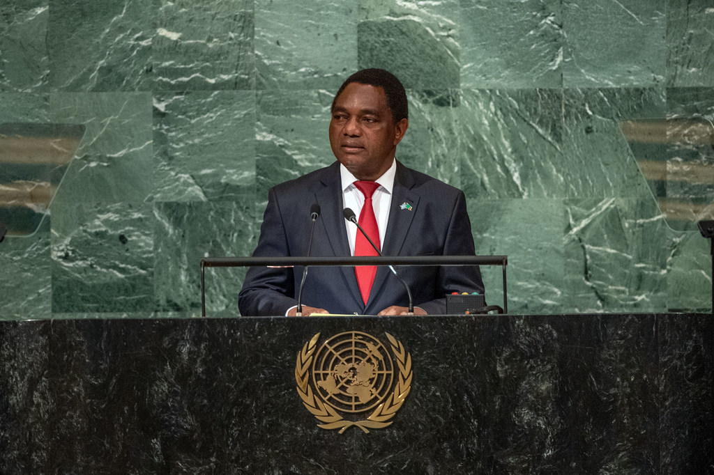 Rais Hakainde Hichilema wa Zambia akihutubia mjadala mkuu wa kikao cha 77 cha Baraza Kuu la UN .