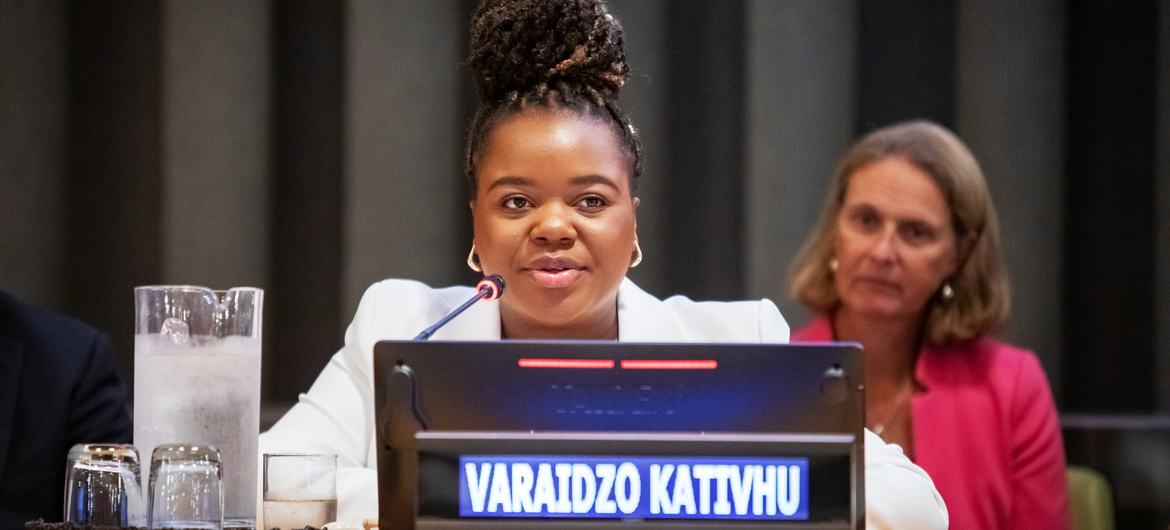 Education activist Varaidzo Kativhu addresses the Summit of the Future at UN Headquarters in New York.