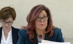Mariana Katzarova, Special Rapporteur on the situation of human rights in the Russian Federation, addresses the Human Rights Council in Geneva.