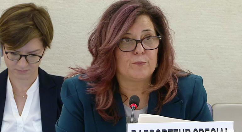 Mariana Katzarova, relatora especial sobre la situación de los derechos humanos en la Federación Rusa, se dirige al Consejo de Derechos Humanos en Ginebra.