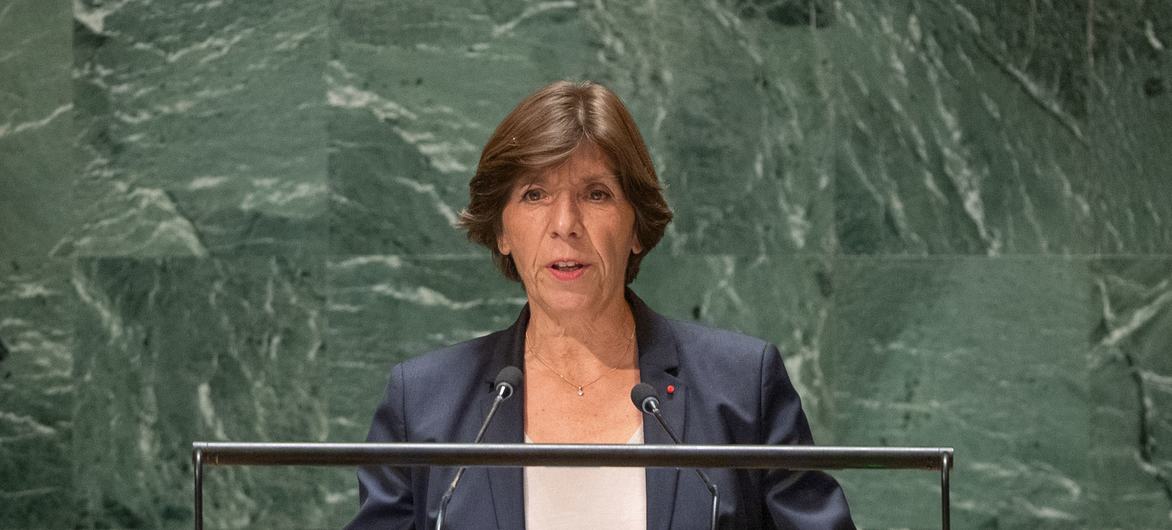 La cheffe de la diplomatie française, Catherine Colonna, s'exprime lors du débat général de l'Assemblée générale des Nations Unies.