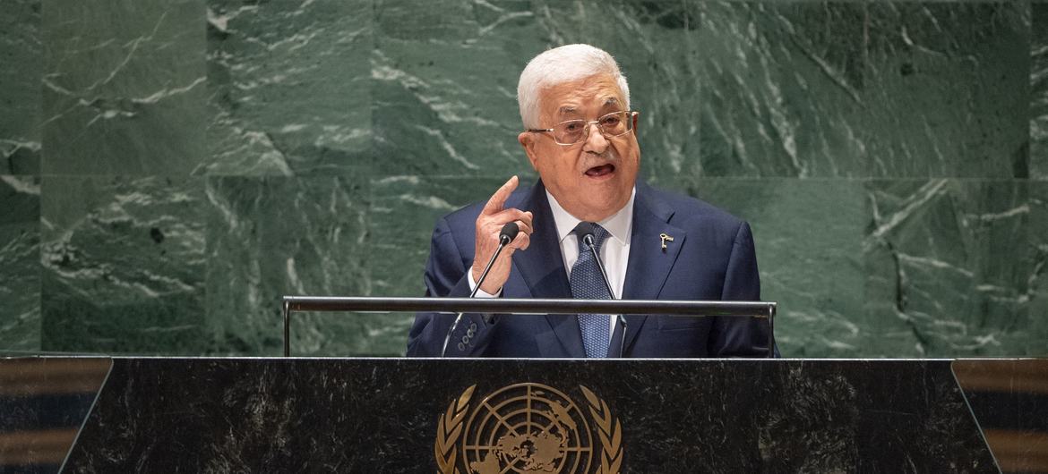 फ़लस्तीनी राष्ट्रपति महमूद अब्बास, यूएन महासभा को सम्बोधित करते हुए (21 सितम्बर 2023)