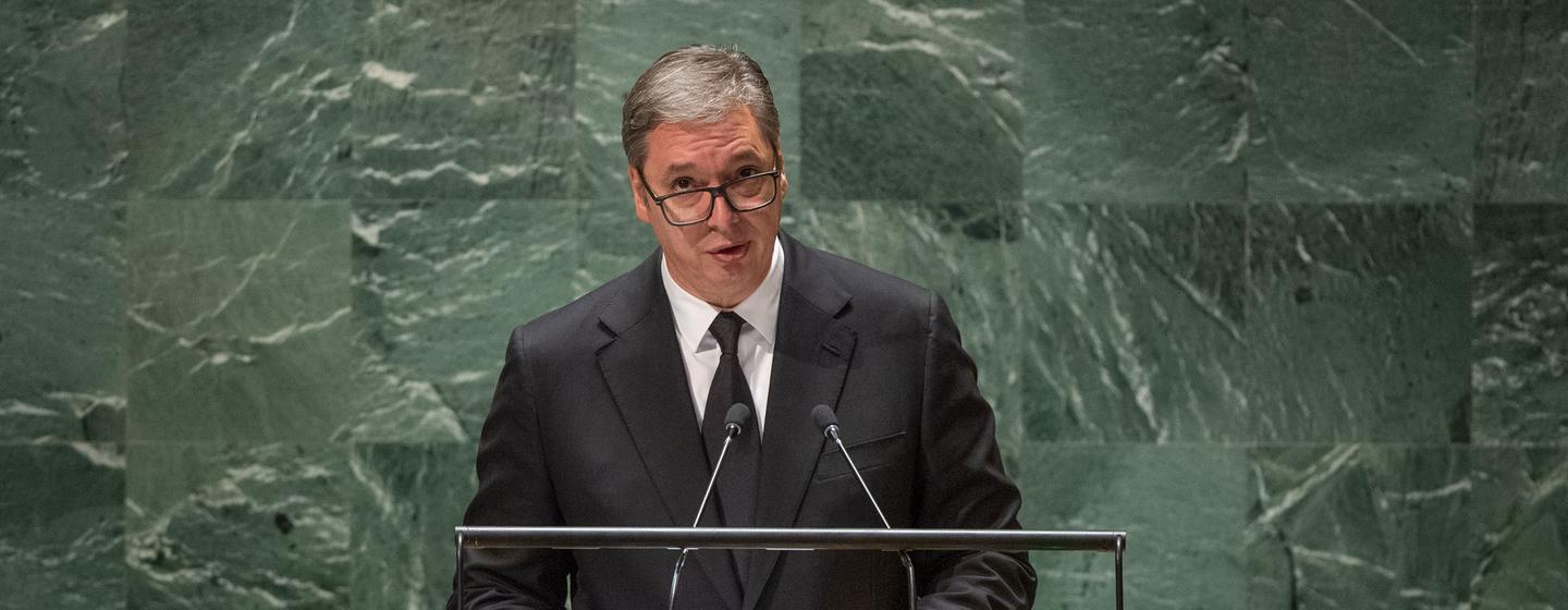 塞尔维亚总统武契奇在一般性辩论上发言。