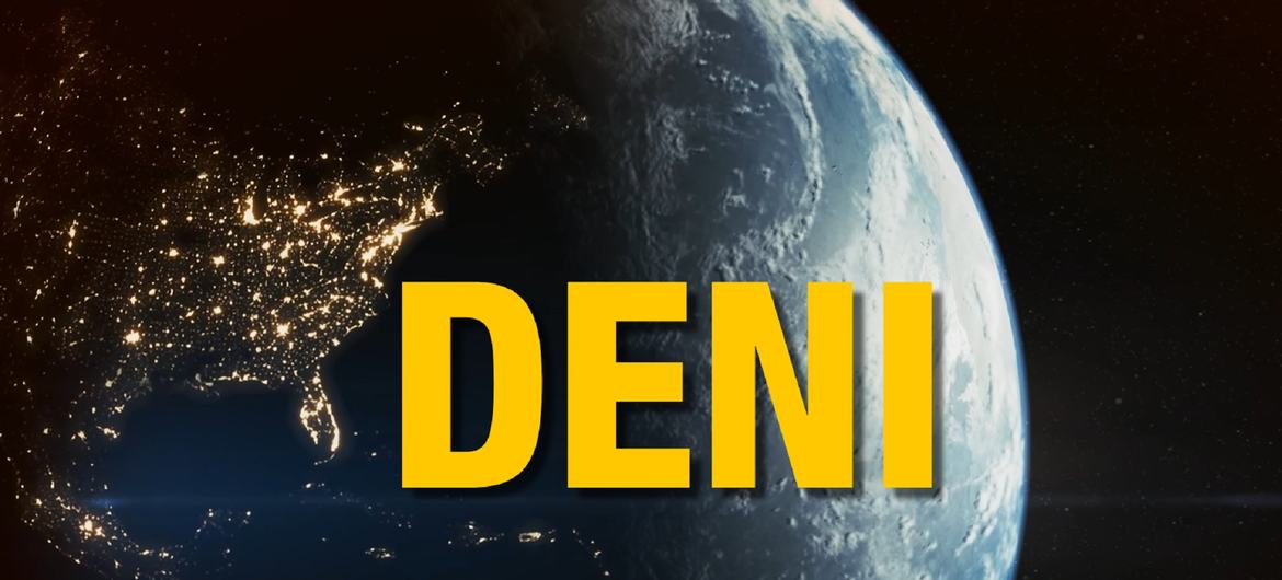 A palavra 'DENI', em texto amarelo, está sobreposta a uma imagem noturna da Terra vista do espaço.