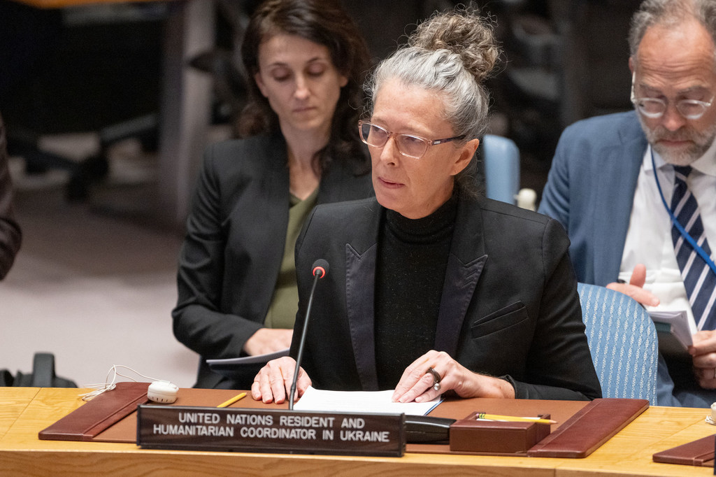 La Coordinatrice humanitaire de l'ONU en Ukraine, Denise Brown, devant le Conseil de sécurité.