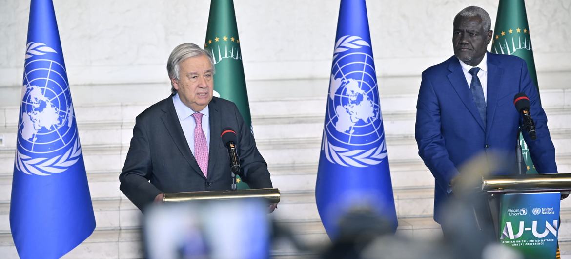 UN Secretary-General António Guterres (left) and Moussa Faki Mahamat, Chairperson of the African Union Commission, hold joint press conference in Addis Ababa, Ethiopia.