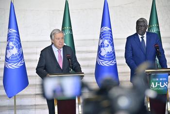 UN Secretary-General António Guterres (left) and Moussa Faki Mahamat, Chairperson of the African Union Commission, hold joint press conference in Addis Ababa, Ethiopia.