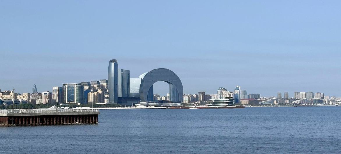 View of Azerbaijan's capital Baku from the Caspian Sea