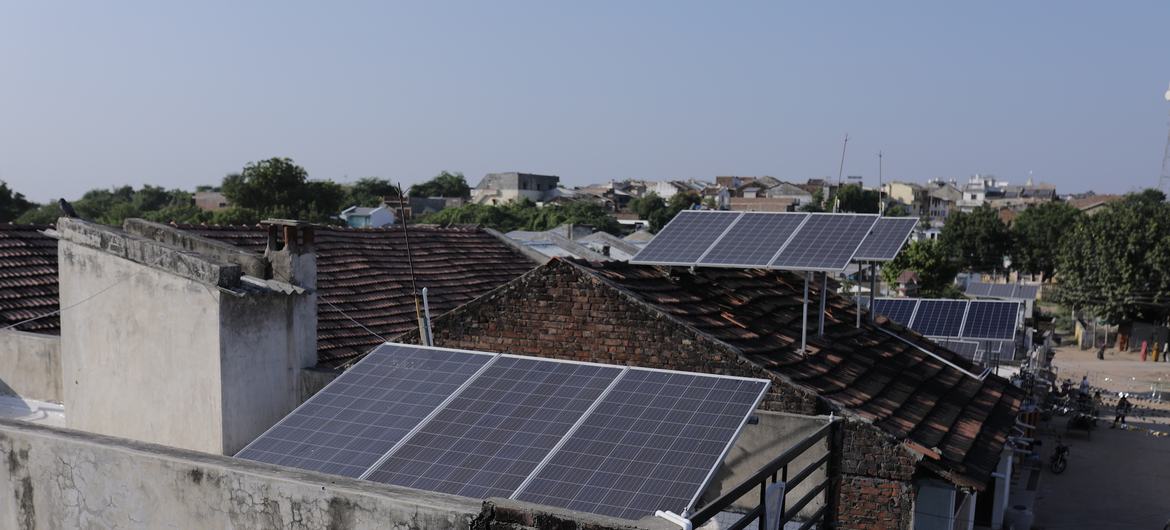 印度古吉拉特邦莫德拉村房舍的屋顶上安装了太阳能板。