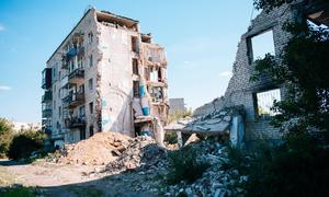 Buildings destroyed by shelling in Izyum, Ukraine. (file)