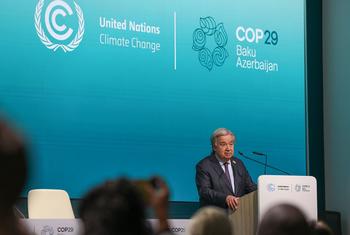 UN Secretary-General António Guterres speaks to reporters in Baku, Azerbaijan on the penultimate day of COP29, the latest round of UN climate negotiations.