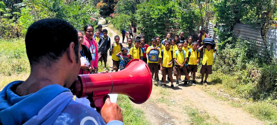 Children in Timor-Leste Residents of Orlalan village, in Timor-Leste, take part in a climate disaster drill. Children in Timor-Leste Residents of Orlalan village, in Timor-Leste, take part in a climate disaster drill.
