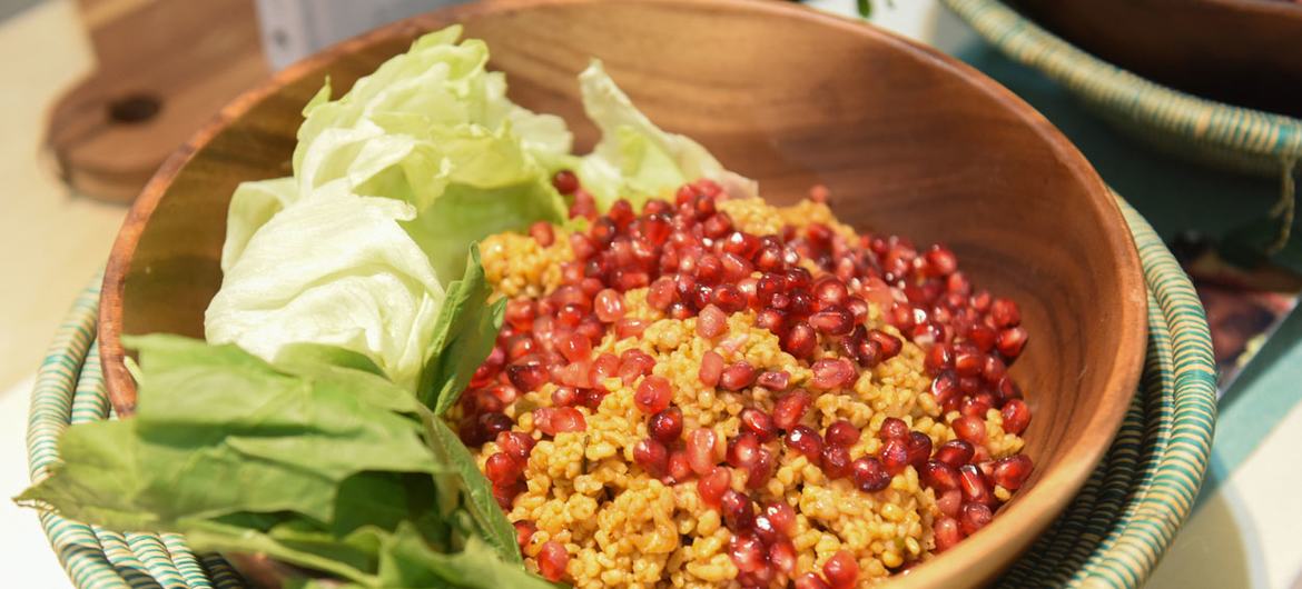 Bulgur and Pomegranate, a recipe by chef Manal Al Alem, was shared during the launch of the Cookbook at COP27 in Sharm El-Sheik, Egypt.