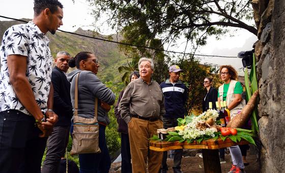 UN Secretary-General António Guterres views products produced from UN climate resilience projects in Paúl Valley, Cabo Verde.