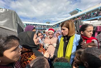 Juliette Touma, UNRWA Director of Communications, visiting the Deir Al-Balah camp in southern Gaza, in January 2024