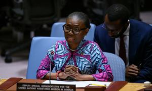Anita Kiki Gbeho, Deputy Special Representative of the Secretary-General of the United Nations Assistance Mission in Somalia, briefs the Security Council meeting on the situation in Somalia.