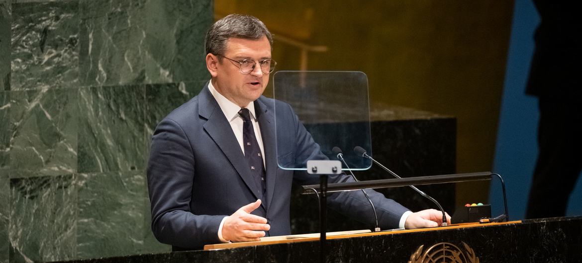Dmytro Kuleba, Menteri Luar Negeri Ukraina, berpidato pada rapat pleno ke-17 Sidang Umum Sidang Khusus Darurat Kesebelas Majelis Umum tentang Ukraina yang dilanjutkan.