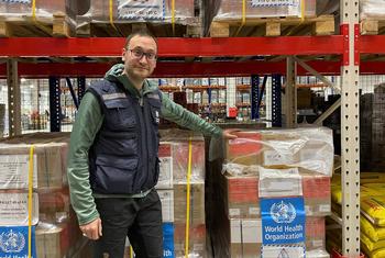 Jarno Habicht, WHO representative in Ukraine, visits a WHO warehouse stocked with health supplies in Kyiv. 