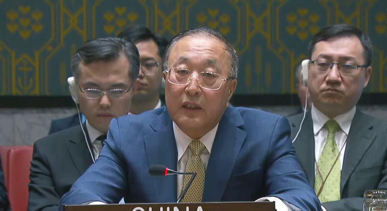 السفير الصيني لدى الأمم المتحدة جانغ جون، يتحدث أمام مجلس الأمن الدولي.
