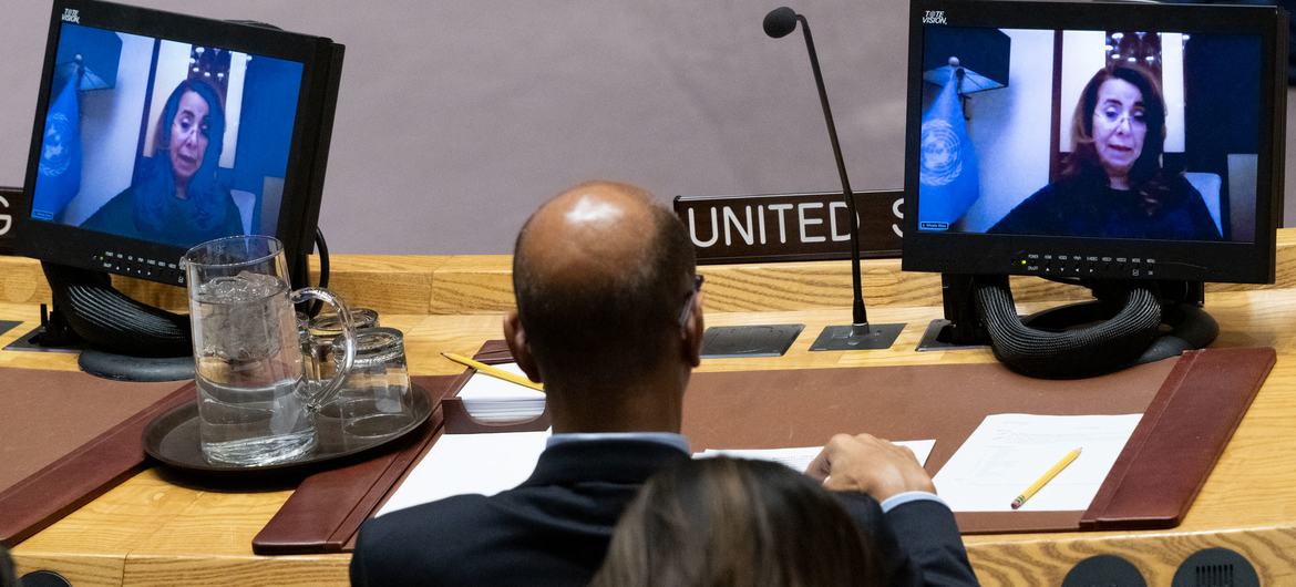 Ghada Waly (on screen), Executive Director of the UN Office on Drugs and Crime, briefs the Security Council meeting on the question concerning Haiti.