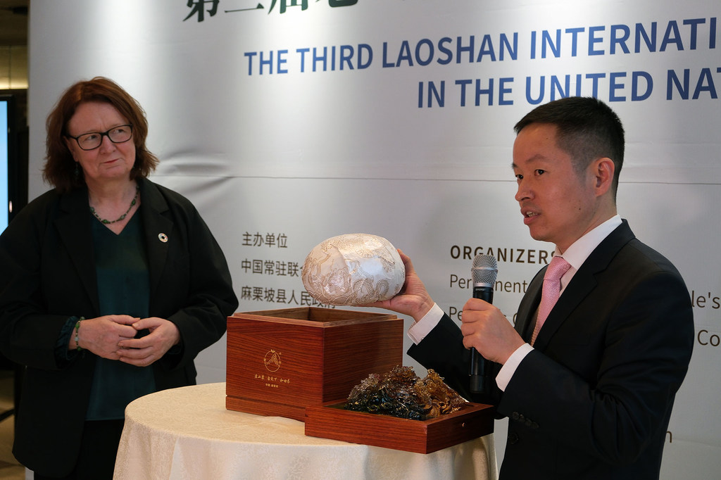 麻栗坡县副县长刘丐青向联合国助理秘书长桑德克耶尔赠送茶礼。