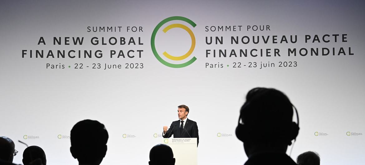 French President Emmanuel Macron addresses the Summit for a New Global Financial Pact in Paris, France.