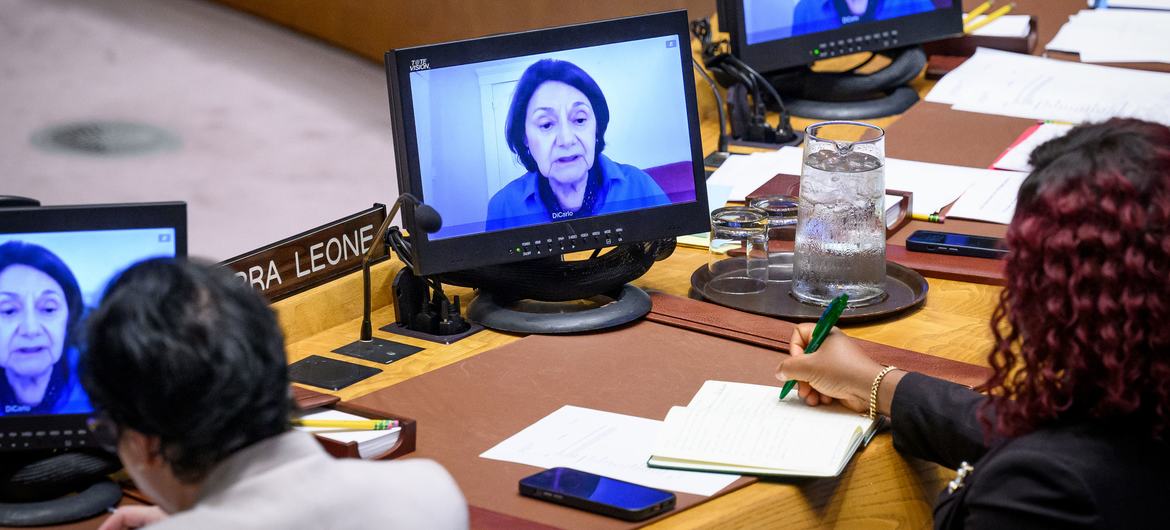 Rosemary DiCarlo, Under-Secretary-General for Political and Peacebuilding Affairs, briefs the Security Council meeting on threats to international peace and security.