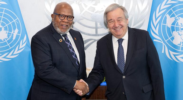 Secretary-General António Guterres (right) meets with Ambassador Dennis Francis of Trinidad and Tobago, President-elect of the 78th session of the United Nations General Assembly.