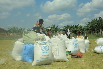 Wakimbizi wa ndani katika kambi ya Oicha nchini DRC wakipokea mgao wa chakula ktuoka kwa wafanyakazi wa WFP. (Picha kutoka maktaba)