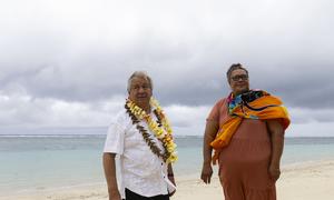 UN Secretary-General António Guterres (left) meets a community member from Lalomanu in Samoa which like many small island nations needs massive investment to counter rising seas and climate shocks.