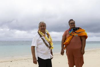 UN Secretary-General António Guterres (left) meets a community member from Lalomanu in Samoa which like many small island nations needs massive investment to counter rising seas and climate shocks.