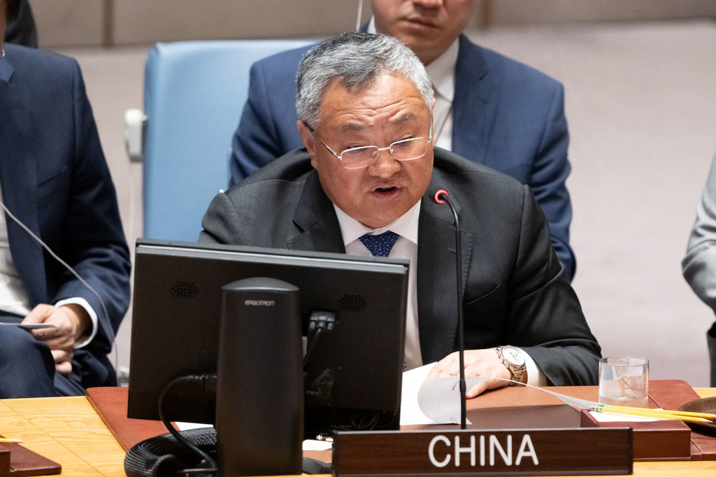中国常驻联合国代表傅聪在安理会发言。