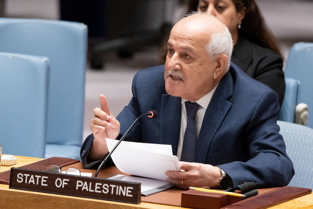 Riyad Mansour, observateur permanent de l'État de Palestine auprès des Nations unies, s'adresse au Conseil de sécurité sur la situation au Moyen-Orient, y compris la question palestinienne.