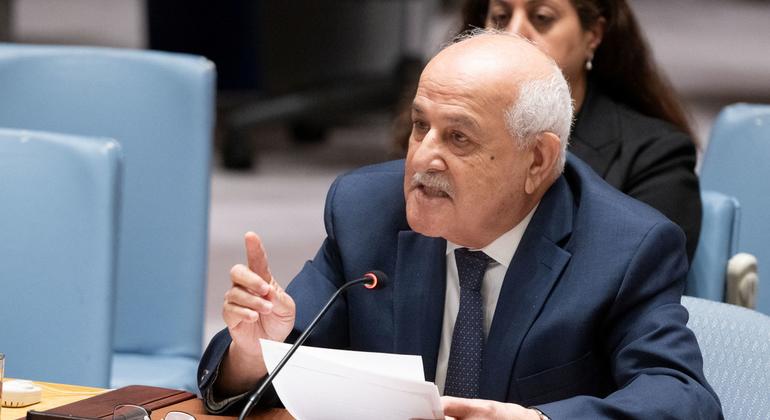 Riyad Mansour, Permanent Observer of the State of Palestine, speaks at the Security Council meeting on the situation in the Middle East (file photo).