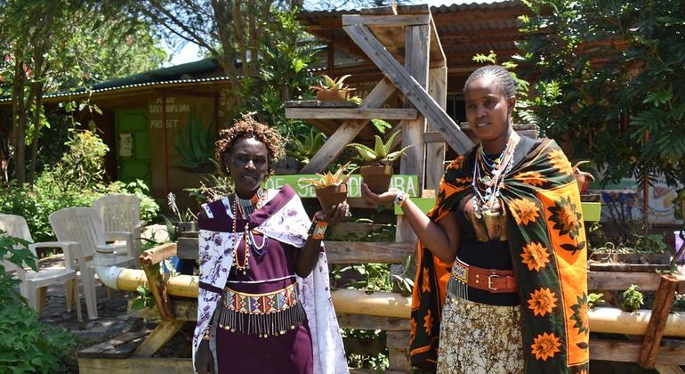 Caroline Leboo(kulia) na Josephine Kasoo wanachama wa kikundi cha wanawake cha Nabulu Mukuri wakionesha mmea wa shubiri
