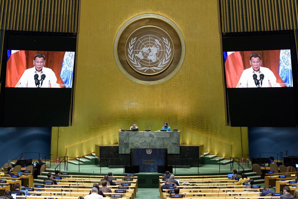 President Rodrigo Roa Duterte (on screen) of the Philippines addresses the general debate of the General Assembly’s seventy-fifth session.