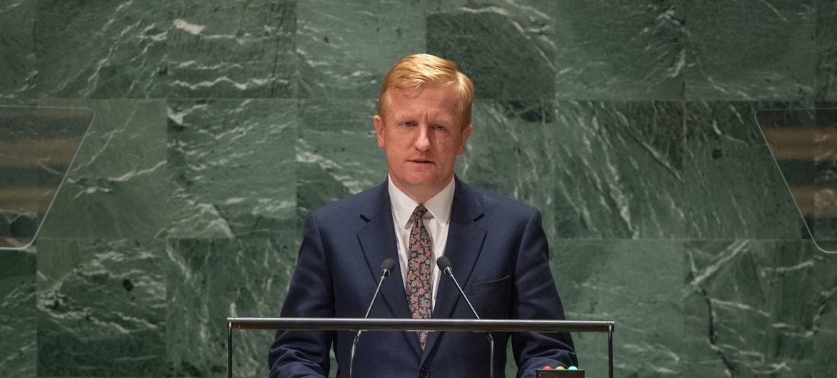 Le Vice-Premier ministre du Royaume-Uni, Oliver Dowden, lors du débat général de l'Assemblée générale des Nations Unies.