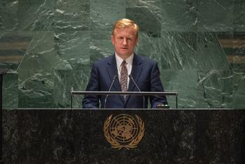 Le Vice-Premier ministre du Royaume-Uni, Oliver Dowden, lors du débat général de l'Assemblée générale des Nations Unies.
