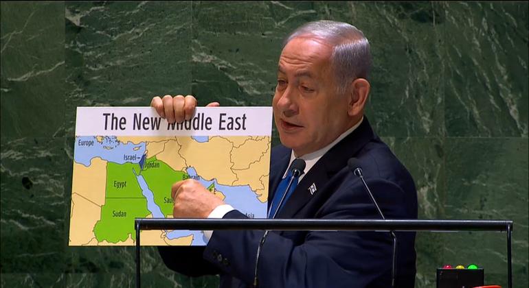 2023 年 9 月，以色列总理内塔尼亚胡在联大发言。