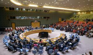 A wide view of the UN Security Council chamber as members meet on threats to international peace and security.