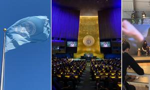 From left: The UN Flag flies outside the General Assembly; General Assembly President Baerbock speaking at a high-level event; Participants at the SDG Media Zone; Security Council holds a meeting on threats to international peace and security.