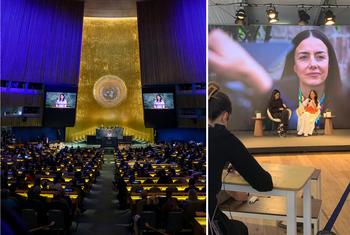 Kutoka kushoto: Bendera ya Umoja wa Mataifa ikipepea nje ya Baraza Kuu; Rais wa Baraza Kuu Baerbock akizungumza katika hafla ya ngazi za juu; Washiriki katika Eneo la Vyombo vya Habari la SDG; Baraza la Usalama lafanya mkutano kuhusu vitisho kwa amani na…