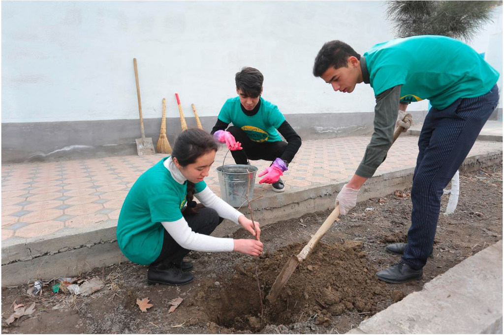 При поддержке ЮНИСЕФ молодые экоактивисты в Таджикистане занимаются озеленением своего района.