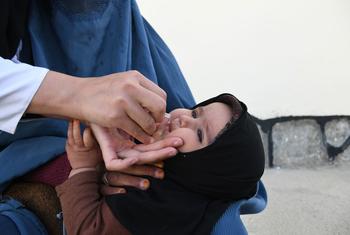 In southern Afghanistan, a baby receives a polio vaccine at the Mir Bazar Clinic.