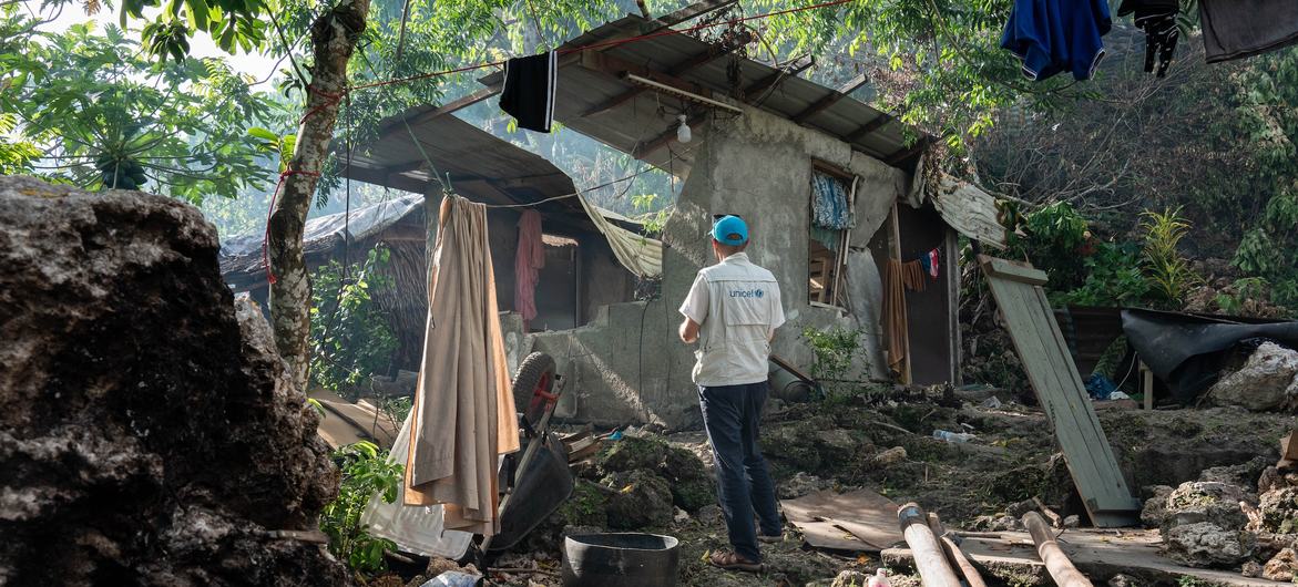 A UNICEF water and sanitation (WASH) specialist inspects the damage caused by the earthquake in Mele Maat village, about 10 kilometres northwest of Port Vila, the capital of Vanuatu.